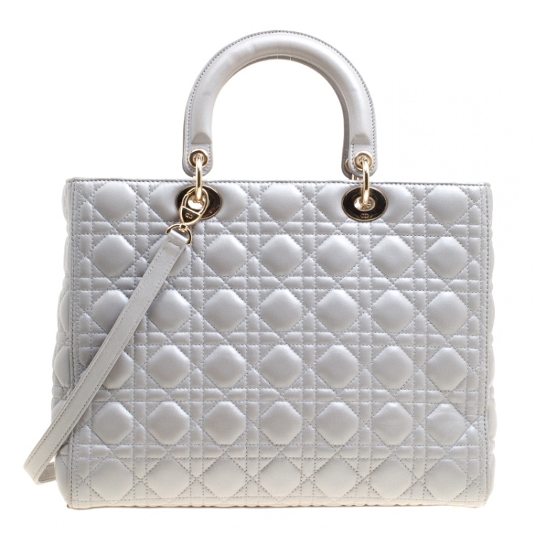 Pre Owned Dior Grey Leather Large Lady Dior Top Handle Bag
