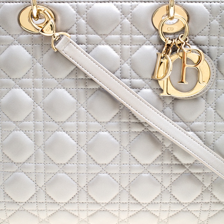 Pre Owned Dior Grey Leather Large Lady Dior Top Handle Bag