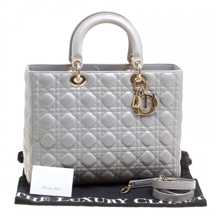 Pre Owned Dior Grey Leather Large Lady Dior Top Handle Bag
