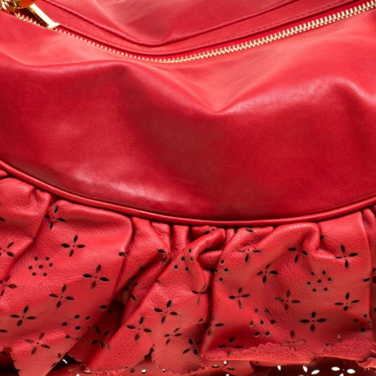Pre Owned Dior Red Leather Large Gypsy Ruffle Hobo Bag