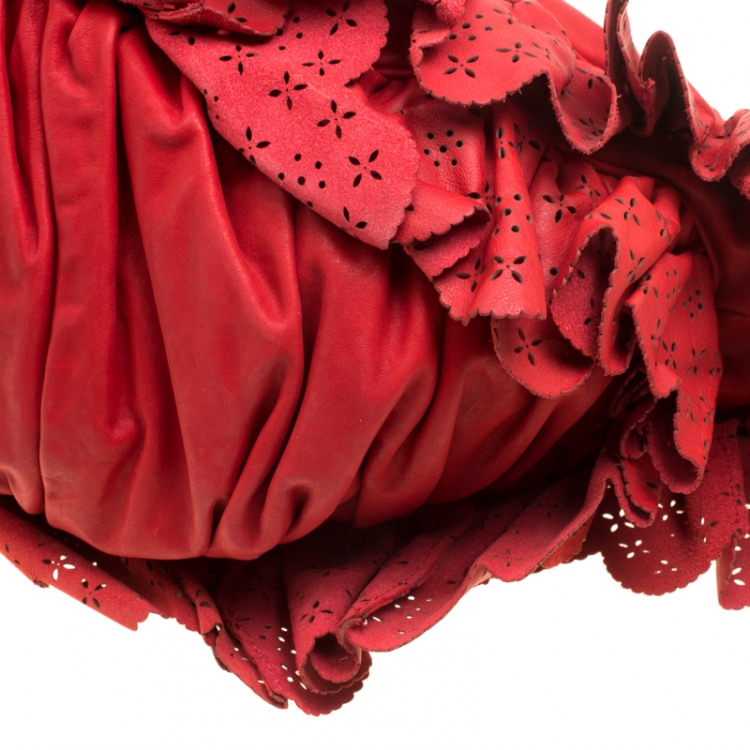 Pre Owned Dior Red Leather Large Gypsy Ruffle Hobo Bag