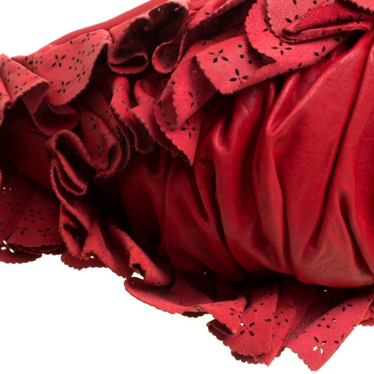 Pre Owned Dior Red Leather Large Gypsy Ruffle Hobo Bag