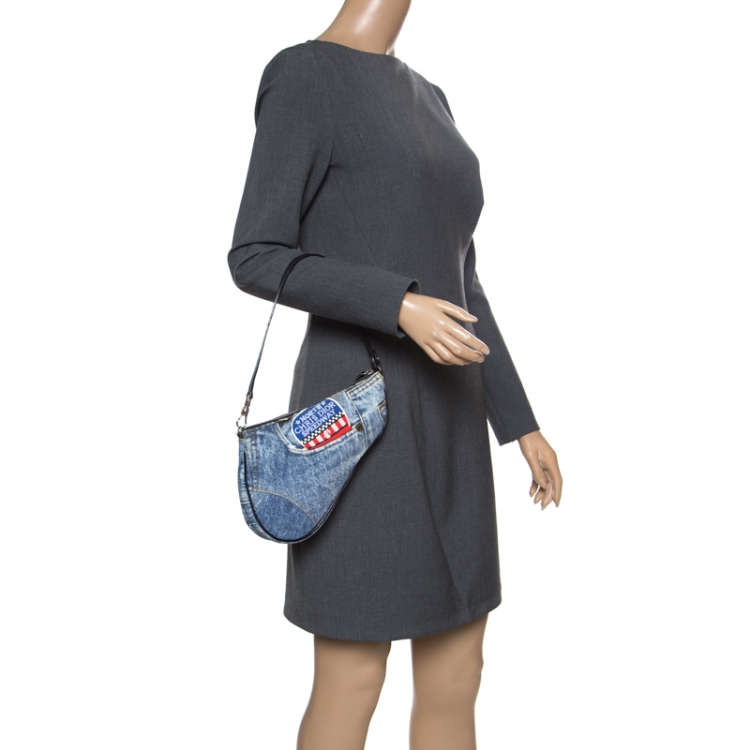 Pre Owned Dior Blue/Black Denim and Leather Saddle Bag