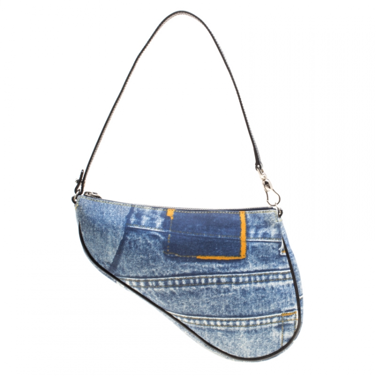 Pre Owned Dior Blue/Black Denim and Leather Saddle Bag