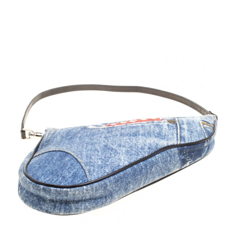Pre Owned Dior Blue/Black Denim and Leather Saddle Bag