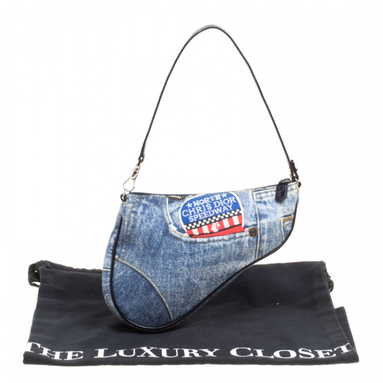 Pre Owned Dior Blue/Black Denim and Leather Saddle Bag