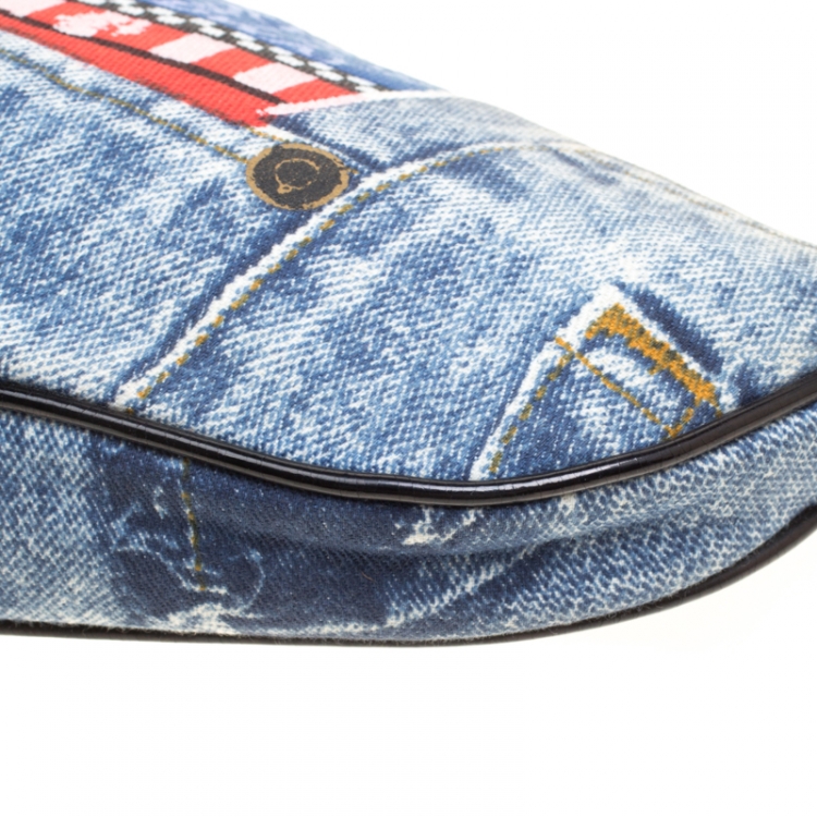 Pre Owned Dior Blue/Black Denim and Leather Saddle Bag