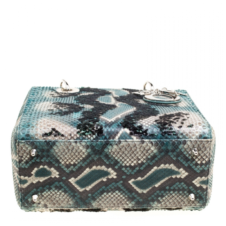 Pre Owned Dior Green Python and Sequin Medium Lady Dior Top Handle Bag