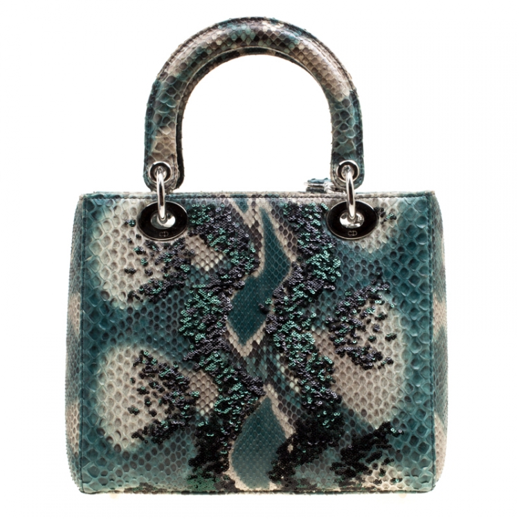 Pre Owned Dior Green Python and Sequin Medium Lady Dior Top Handle Bag
