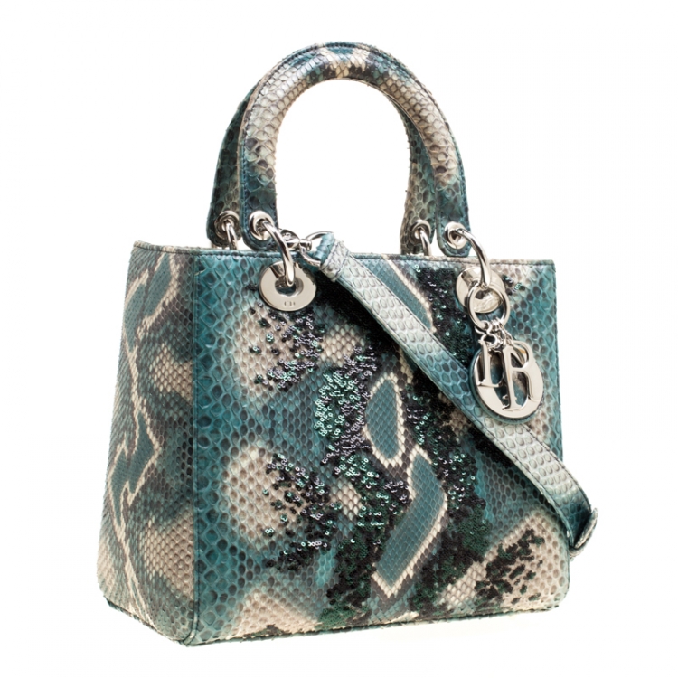 Pre Owned Dior Green Python and Sequin Medium Lady Dior Top Handle Bag