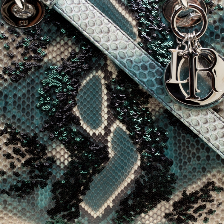 Pre Owned Dior Green Python and Sequin Medium Lady Dior Top Handle Bag