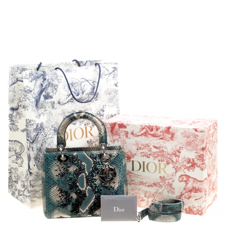 Pre Owned Dior Green Python and Sequin Medium Lady Dior Top Handle Bag
