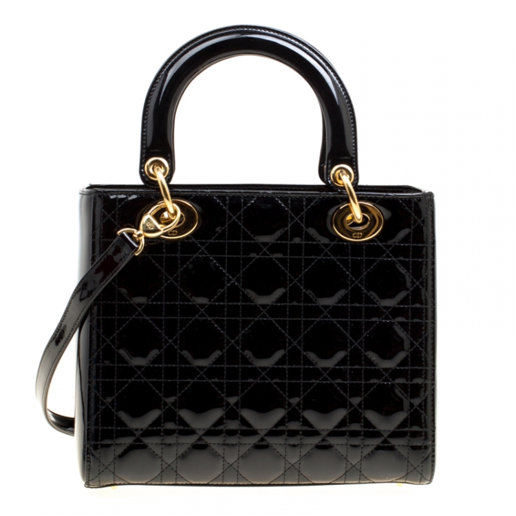 Pre Owned Dior Black Patent Leather Medium Lady Dior Top Handle Bag