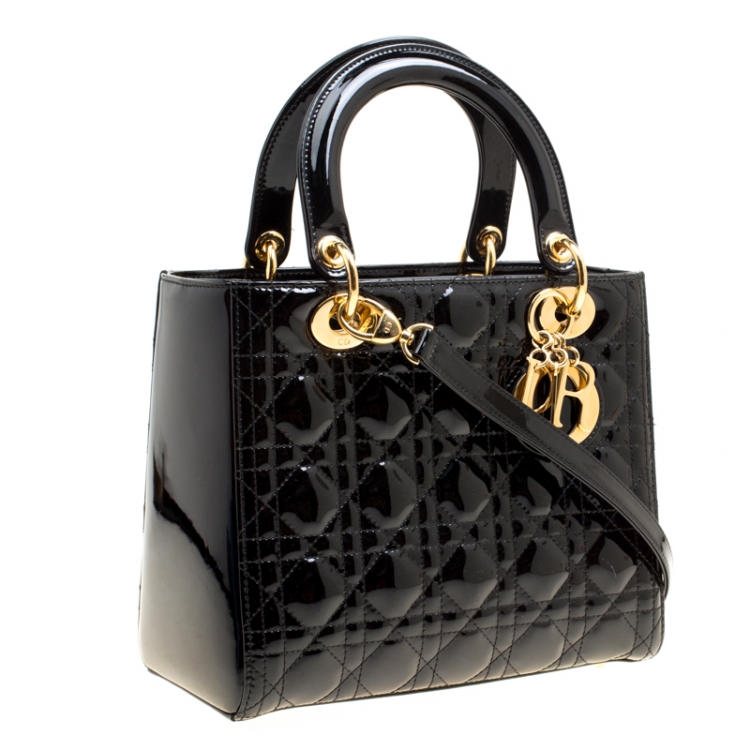 Pre Owned Dior Black Patent Leather Medium Lady Dior Top Handle Bag
