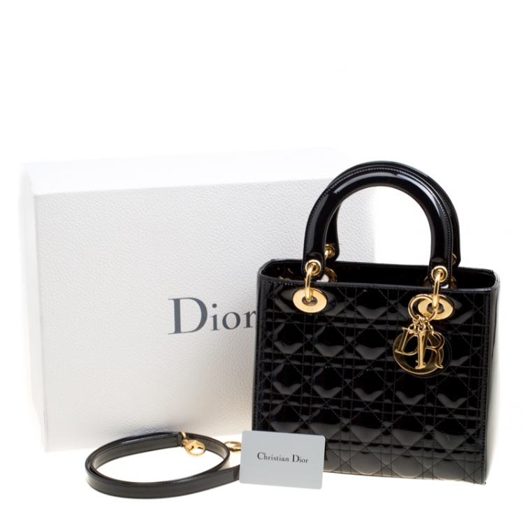 Pre Owned Dior Black Patent Leather Medium Lady Dior Top Handle Bag