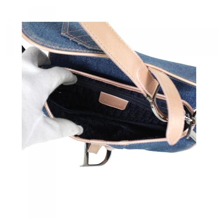 Pre Owned Dior Two Tone Denim and Leather Saddle Bag