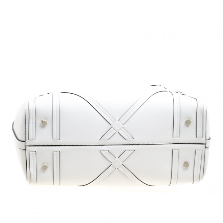 Pre Owned Dior White Cannage Detail Leather Shopper Tote with Pouch 