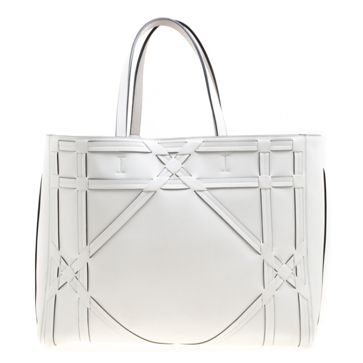 Pre Owned Dior White Cannage Detail Leather Shopper Tote with Pouch 