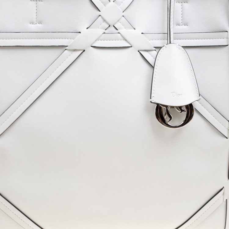 Pre Owned Dior White Cannage Detail Leather Shopper Tote with Pouch 