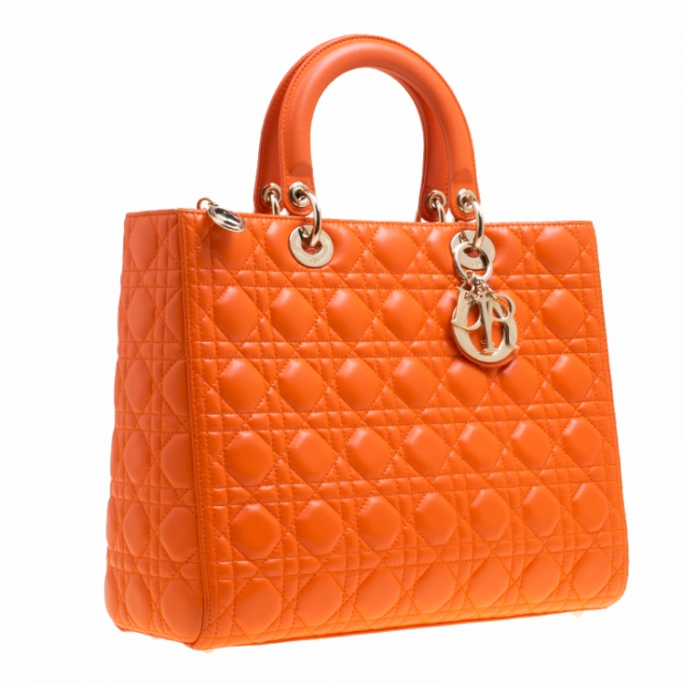 Pre Owned Dior Orange Leather Large Lady Dior Top Handle Bag