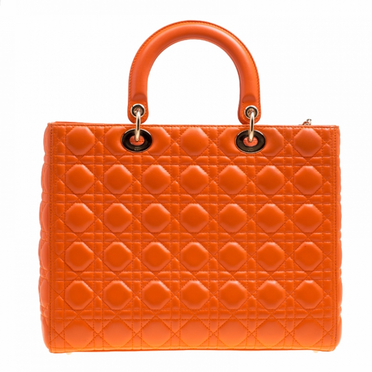 Pre Owned Dior Orange Leather Large Lady Dior Top Handle Bag
