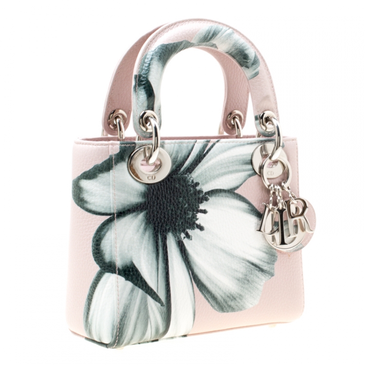 Pre Owned Dior Pink Flower Print Leather Mini Lady Dior Tote
