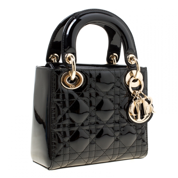 Pre Owned Dior Black Patent Leather Mini Chain Lady Dior Top Handle Bag