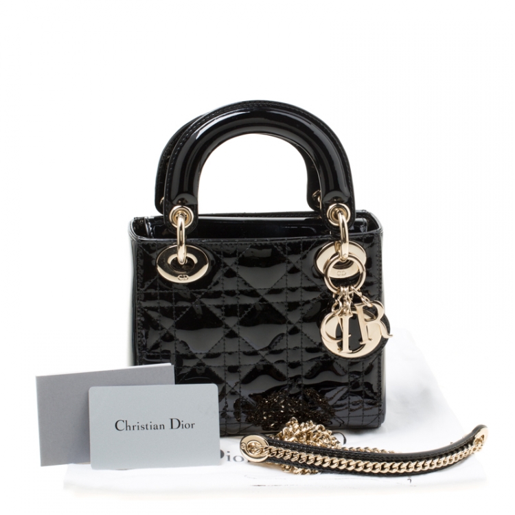 Pre Owned Dior Black Patent Leather Mini Chain Lady Dior Top Handle Bag