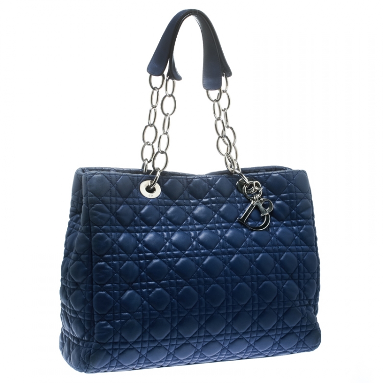 Pre Owned Dior Blue Cannage Soft Leather Large Shopper Tote