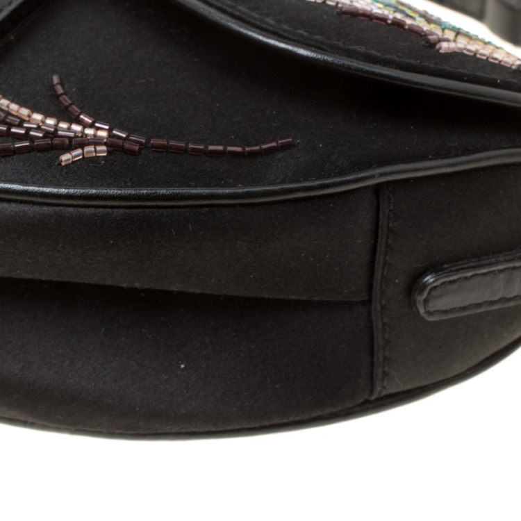 Pre Owned Dior Black Satin Mini Limited Edition Bead Embroidered Feather Saddle Bag