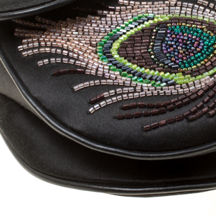 Pre Owned Dior Black Satin Mini Limited Edition Bead Embroidered Feather Saddle Bag