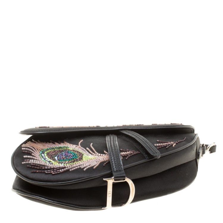 Pre Owned Dior Black Satin Mini Limited Edition Bead Embroidered Feather Saddle Bag