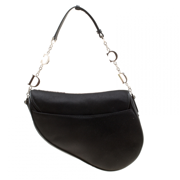 Pre Owned Dior Black Satin Mini Limited Edition Bead Embroidered Feather Saddle Bag