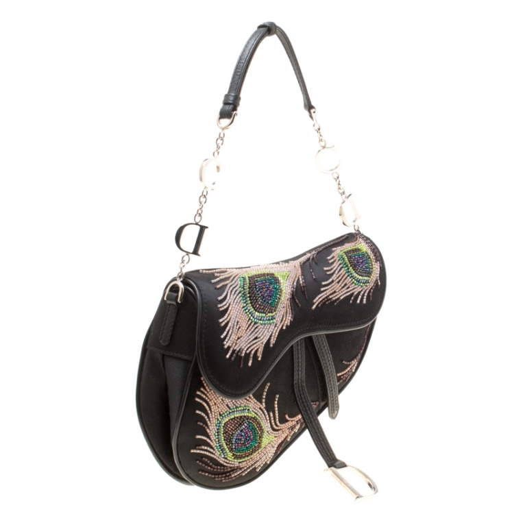 Pre Owned Dior Black Satin Mini Limited Edition Bead Embroidered Feather Saddle Bag