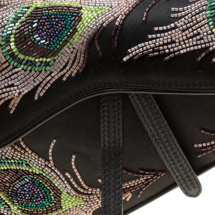 Pre Owned Dior Black Satin Mini Limited Edition Bead Embroidered Feather Saddle Bag