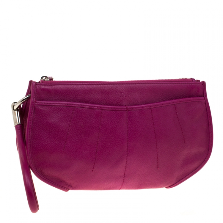 Pre Owned Dior Magenta Leather Wristlet 61 Clutch
