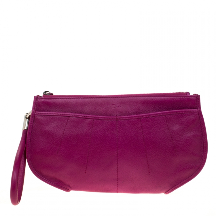 Pre Owned Dior Magenta Leather Wristlet 61 Clutch