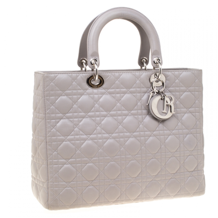 Pre Owned Dior Grey Leather Large Lady Dior Top Handle Bag