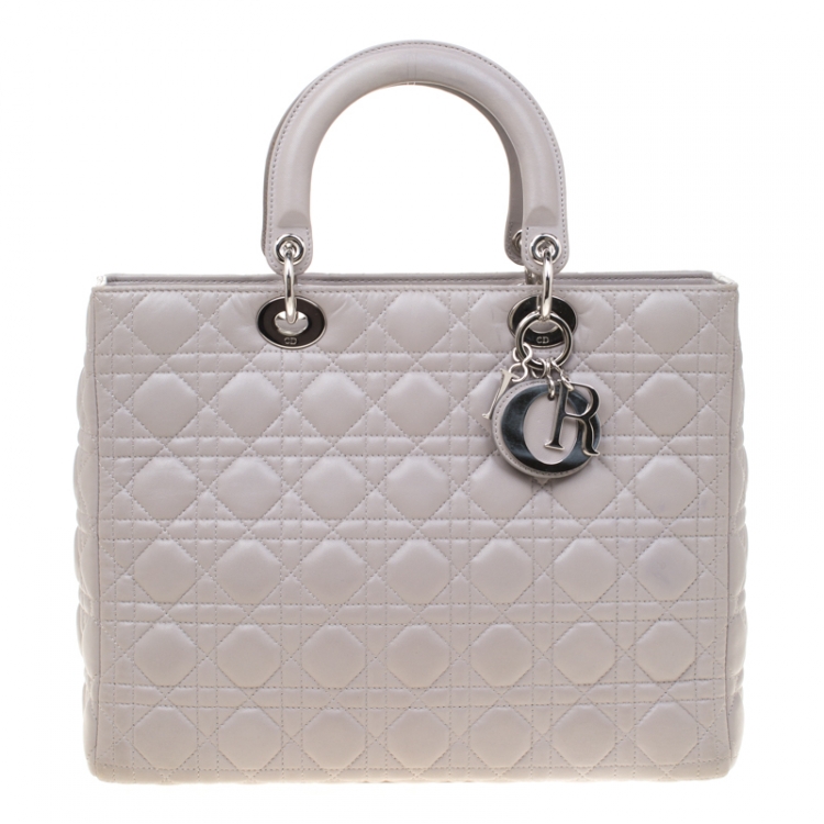 Pre Owned Dior Grey Leather Large Lady Dior Top Handle Bag