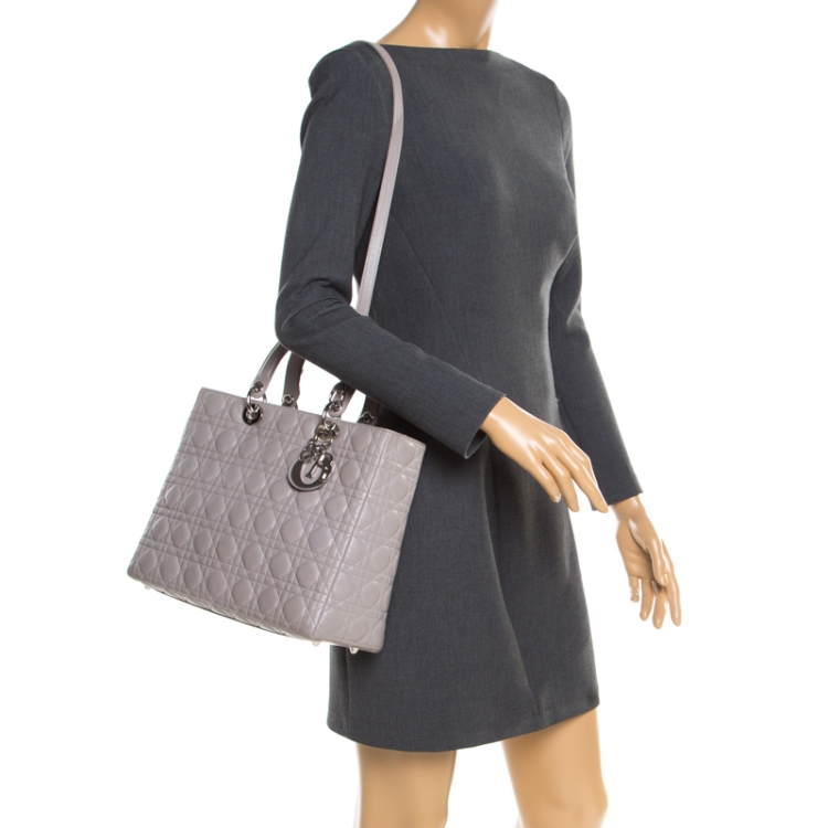 Pre Owned Dior Grey Leather Large Lady Dior Top Handle Bag
