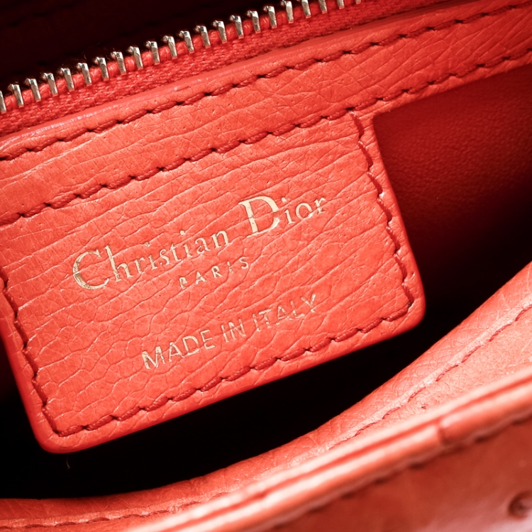 Pre Owned Dior Orange Ostrich Medium Lady Dior Top Handle Bag