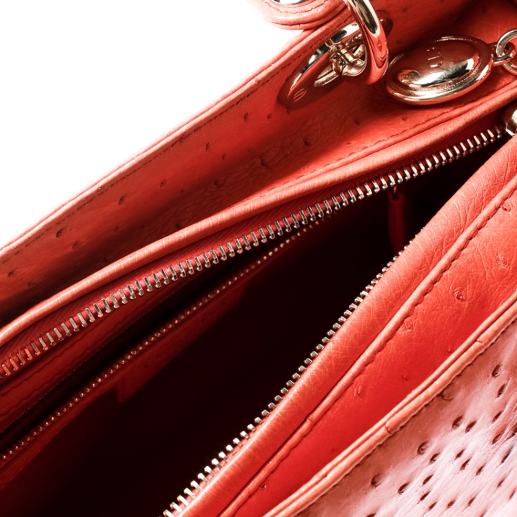 Pre Owned Dior Orange Ostrich Medium Lady Dior Top Handle Bag