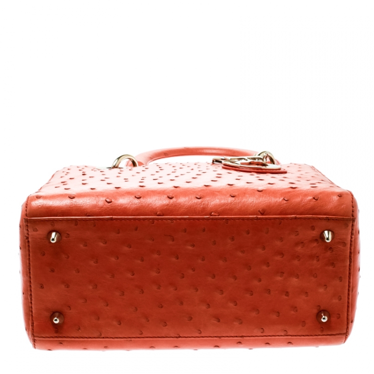 Pre Owned Dior Orange Ostrich Medium Lady Dior Top Handle Bag