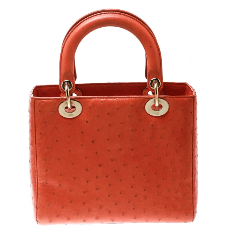 Pre Owned Dior Orange Ostrich Medium Lady Dior Top Handle Bag