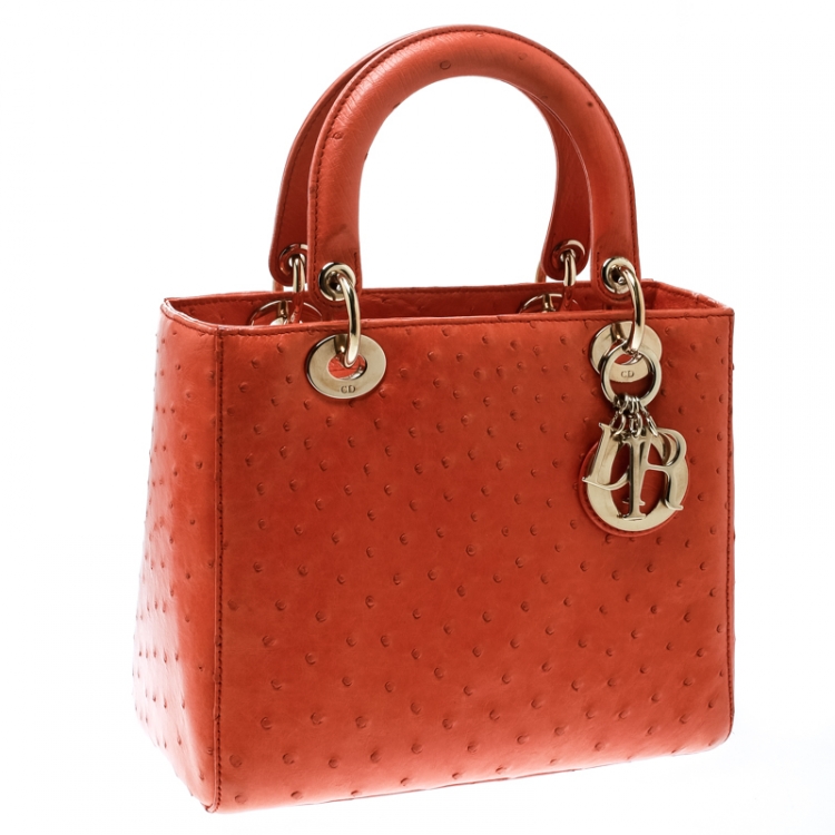 Pre Owned Dior Orange Ostrich Medium Lady Dior Top Handle Bag