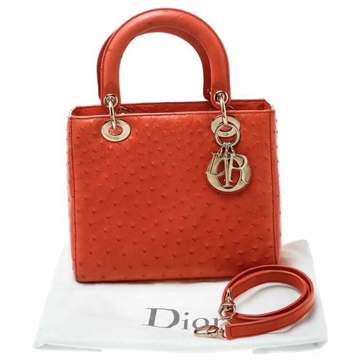 Pre Owned Dior Orange Ostrich Medium Lady Dior Top Handle Bag