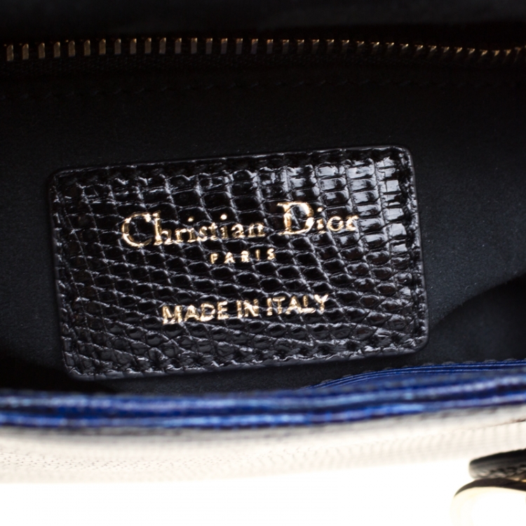 Pre Owned Dior Black/Blue Lizard Skin Leather Mini Lady Dior Top Handle Bag