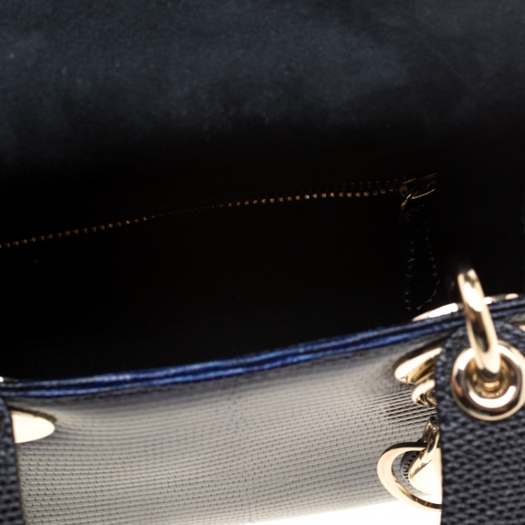 Pre Owned Dior Black/Blue Lizard Skin Leather Mini Lady Dior Top Handle Bag