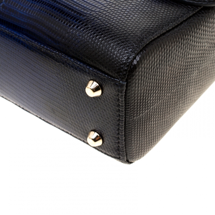 Pre Owned Dior Black/Blue Lizard Skin Leather Mini Lady Dior Top Handle Bag