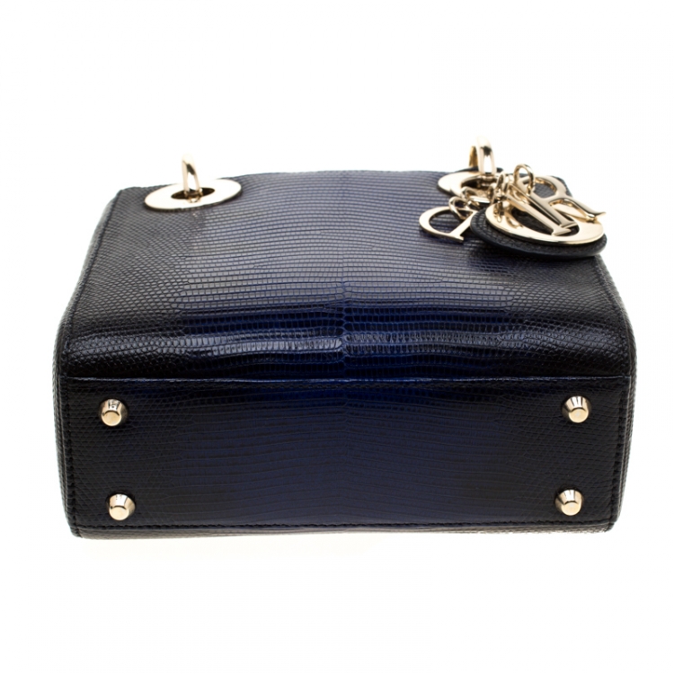 Pre Owned Dior Black/Blue Lizard Skin Leather Mini Lady Dior Top Handle Bag